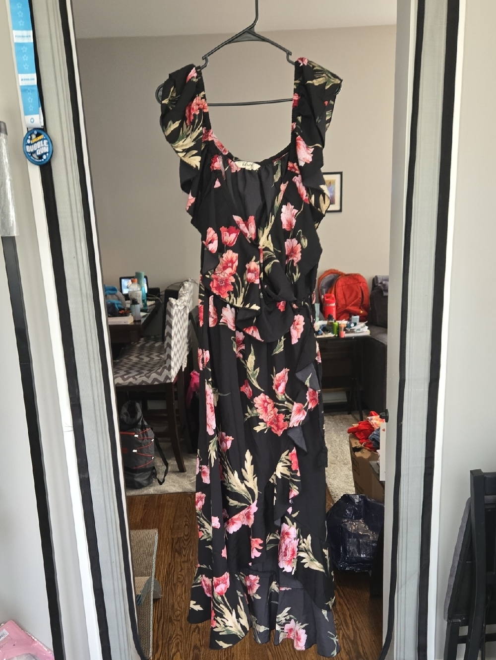 Rainbow Black Maxi Dress with Pink Floral Print
